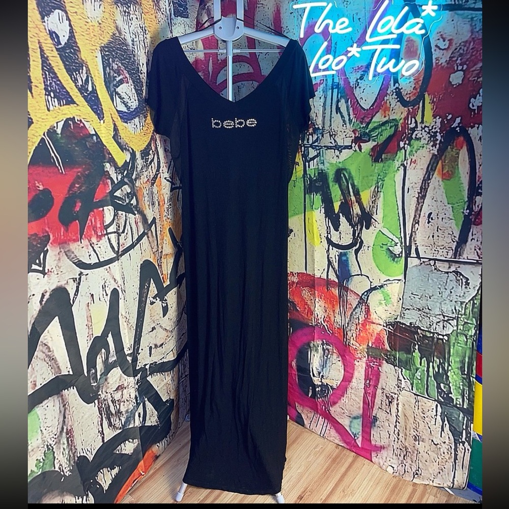 bebe Black Short Sleeve Maxi Dress with Rhinestone Logo • Sz.18/20 - Picture 2 of 12
